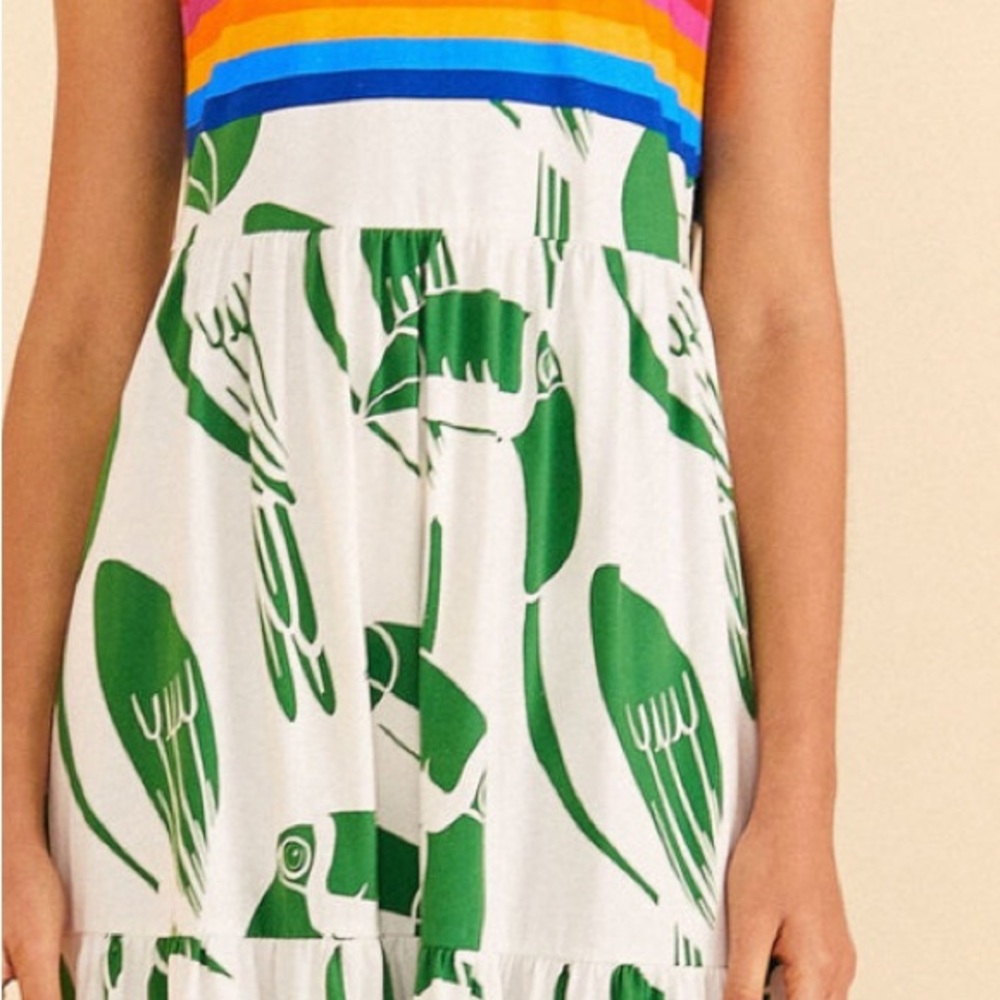 FARM Rio White Maxi Dress with Green Print and Rainbow Bodice - Picture 8 of 13